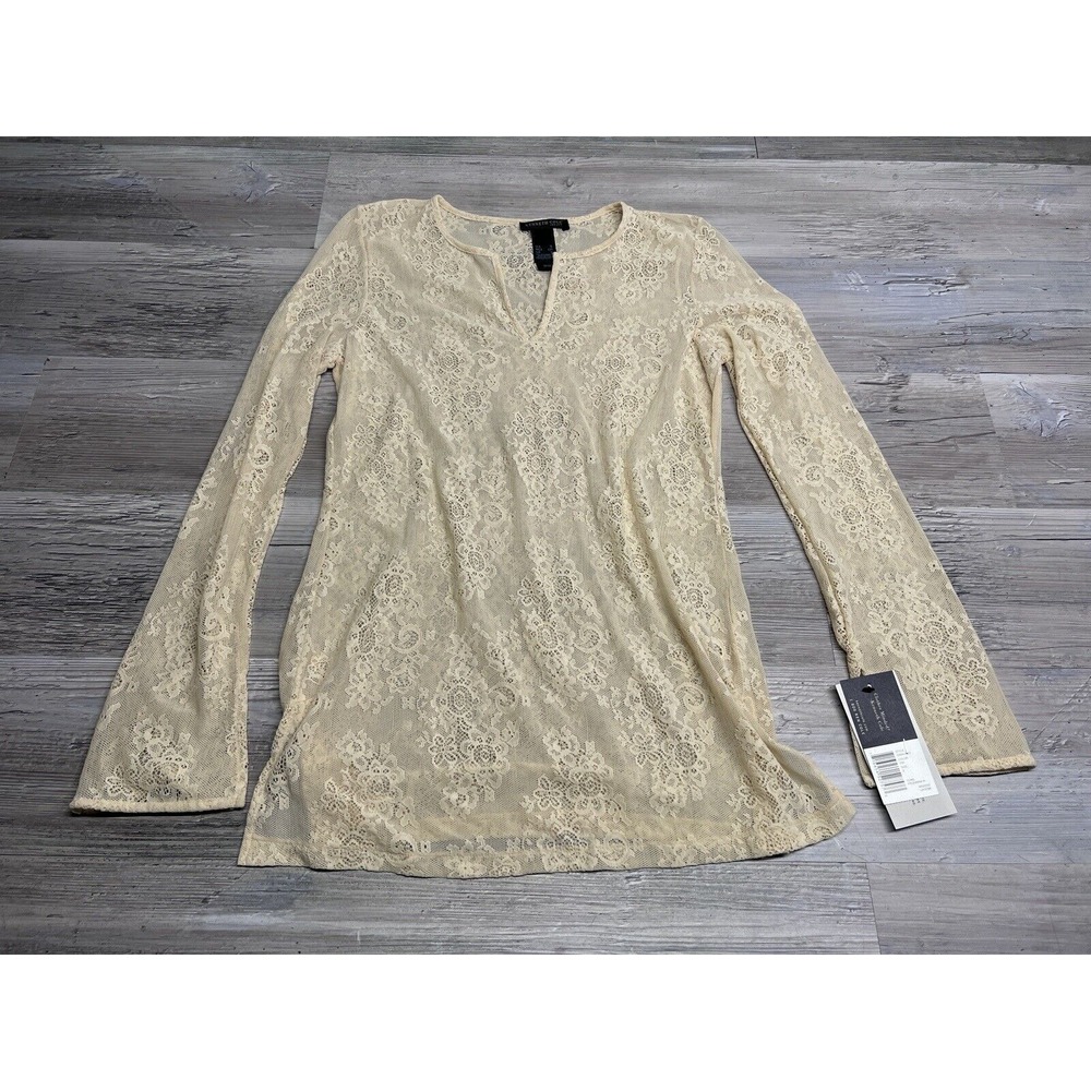 Kenneth Cole Womens Sheer Top Lacey Edwardian Long Sleeve Sz S V-Neck Ivory NWT